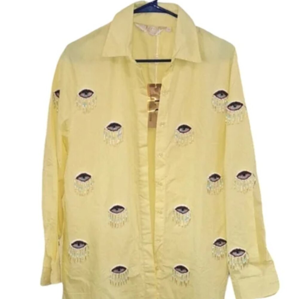 Lizette Collection Evil Eye Collared Button Down Yellow Blouse Size Small